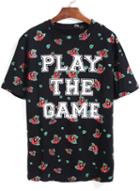 Romwe Flower Letter Print Black T-shirt