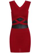 Romwe V Neck Contrast Mesh Bodycon Red Dress