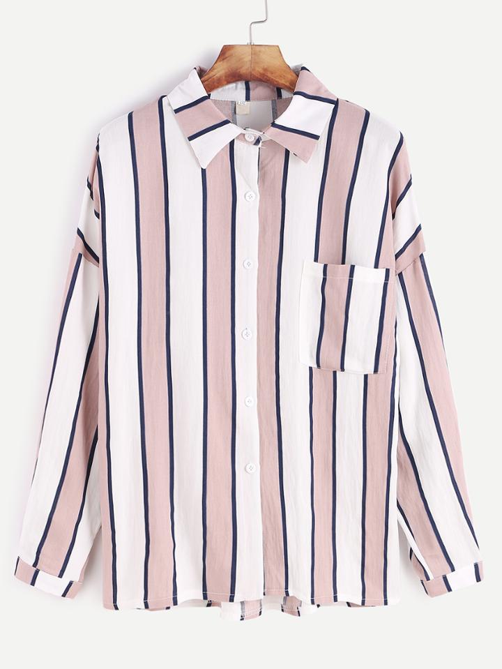 Romwe Contrast Striped Drop Shoulder Pocket Shirt