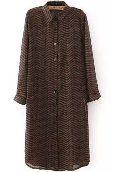 Romwe Lapel With Buttons Plaid Long Brown Blouse