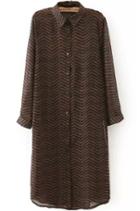 Romwe Lapel With Buttons Plaid Long Brown Blouse
