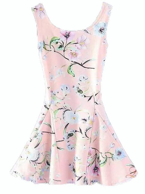 Romwe Pink Scoop Neck Florals Skater Dress