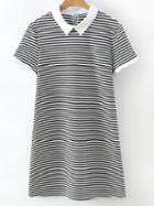Romwe Black White Stripe Contrast Collar Short Sleeve Dress