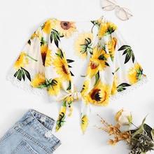 Romwe Lace Trim Sunflower Print Knot Top