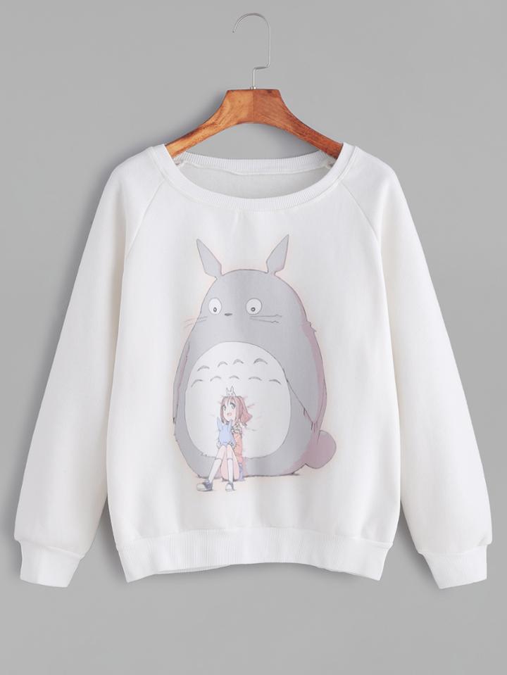 Romwe Beige Cartoon Print Raglan Sleeve Sweatshirt