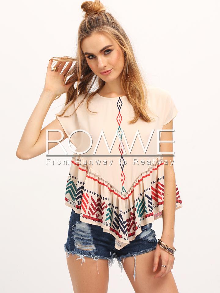 Romwe Multicolor Short Sleeve Print Ruffle Blouse
