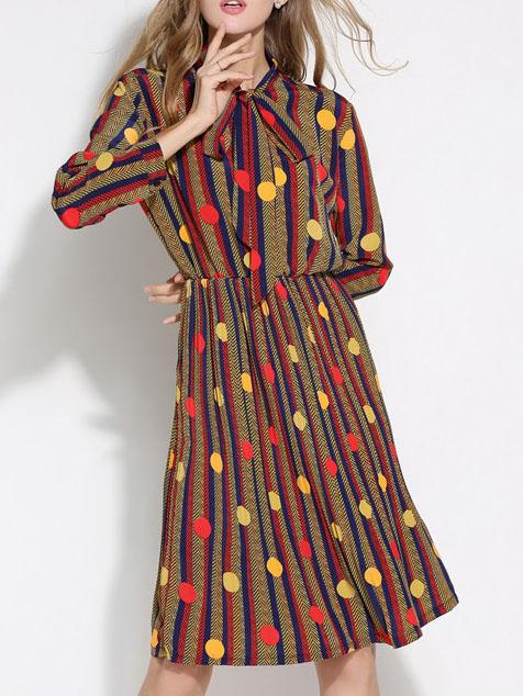 Romwe Vertical Striped Polka Dot Bow Red Shirt Dress