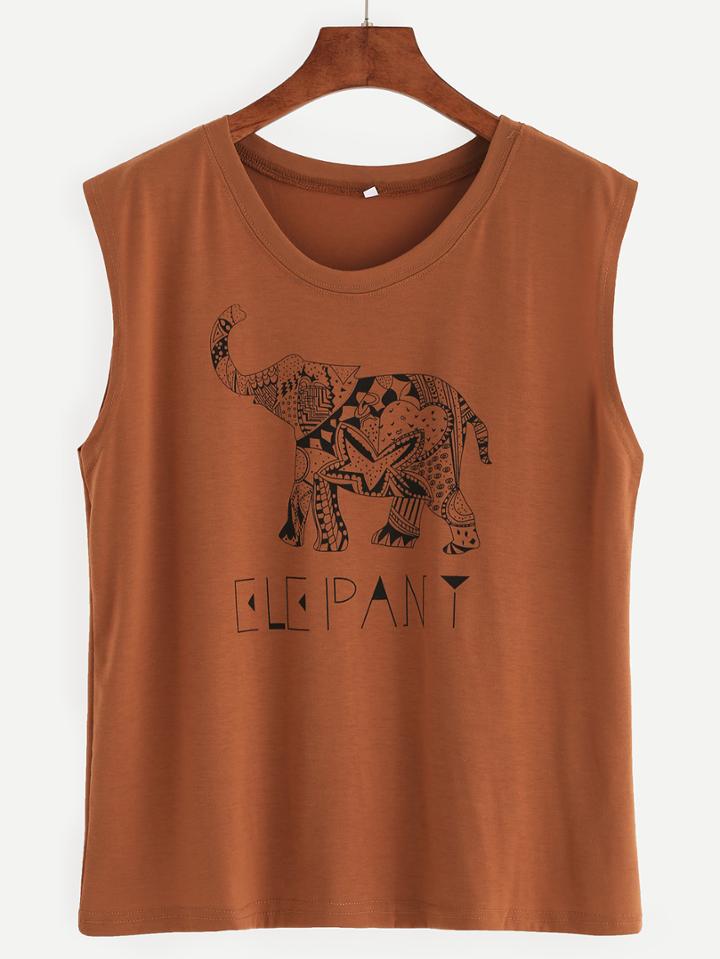 Romwe Brown Elephant Print Tank Top