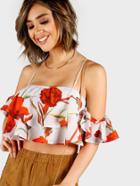 Romwe Double Frill Caged Back Floral Crop Top