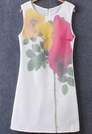 Romwe Sleeveless With Zipper Florals Straight Dress