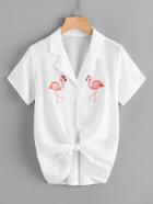 Romwe Revere Collar Flamingo Embroidered Knot Front Shirt