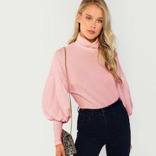 Romwe Mock Neck Leg-of-mutton Sleeve Solid Pullover
