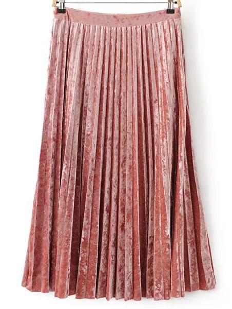 Romwe Pink Pleated Midi Velvet Skirt