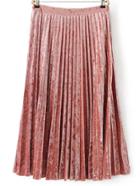 Romwe Pink Pleated Midi Velvet Skirt
