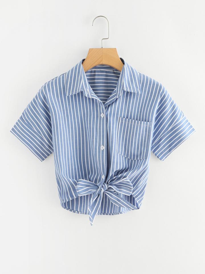 Romwe Knot Front Chest Pocket Shirt
