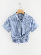 Romwe Knot Front Chest Pocket Shirt