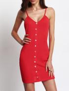 Romwe Watermelon Red Buttons Front Ribbed Spaghetti Strap Dress