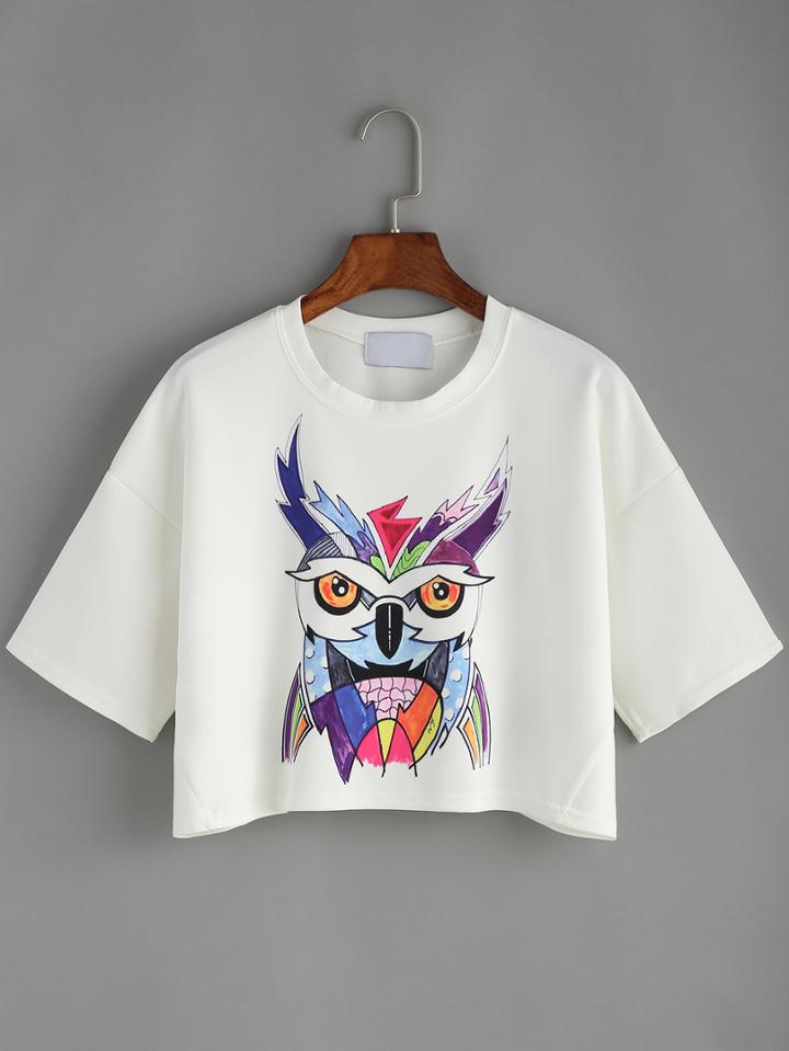 Romwe White Owl Print Crop T-shirt