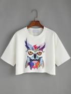 Romwe White Owl Print Crop T-shirt