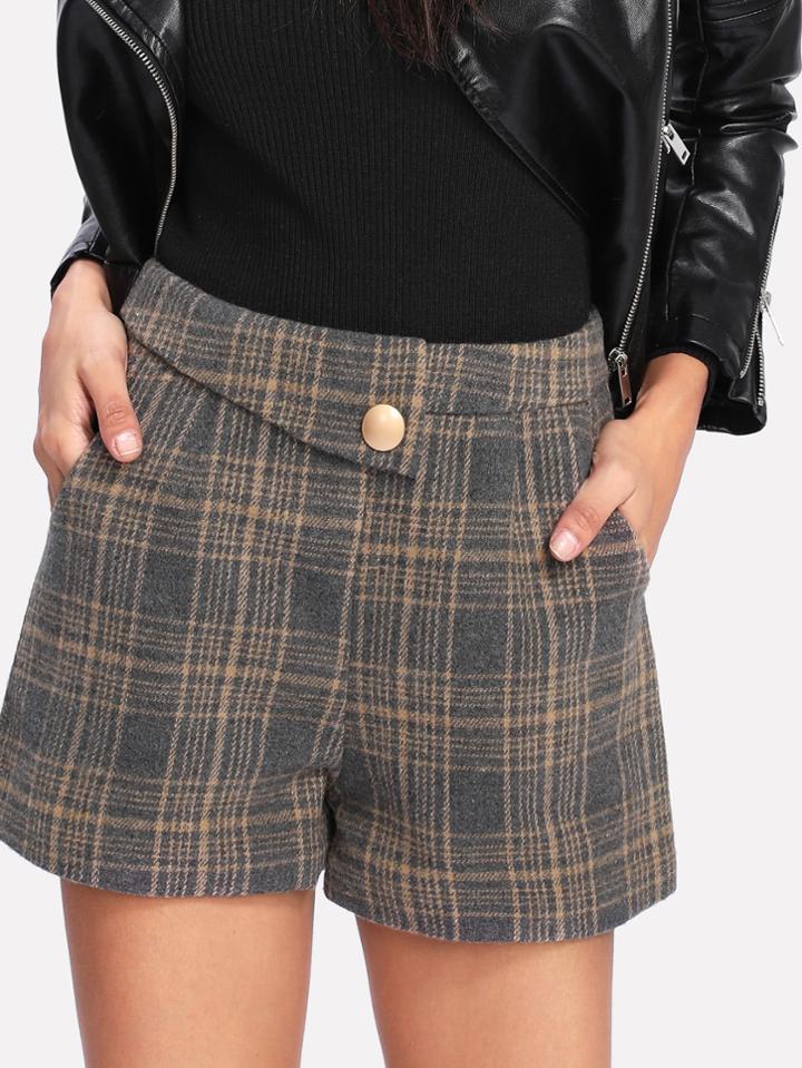 Romwe Button Detail Plaid Shorts