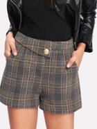 Romwe Button Detail Plaid Shorts