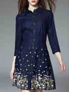 Romwe Blue Lapel Length Sleeve Embroidered Denim Dress