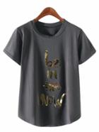 Romwe Dark Grey Letter Sequined Casual T-shirt