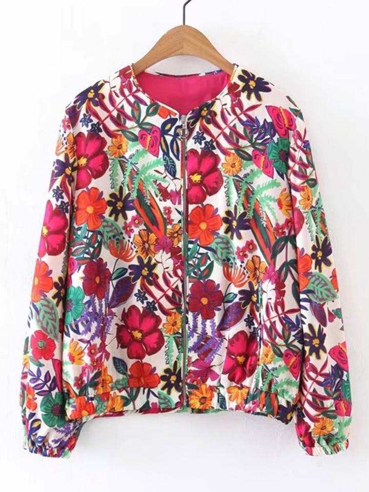 Romwe Flower Print Zipper Up Jacket