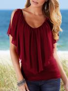 Romwe Burgundy Split Sleeve Ruffle Chiffon Top