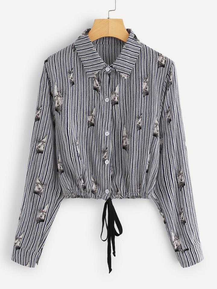 Romwe Cat Print Drawstring Hem  Striped Shirt