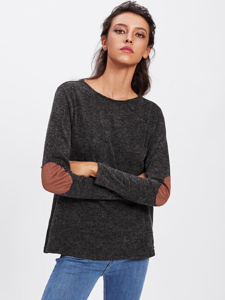 Romwe Elbow Patch Marled Knit Top