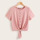 Romwe Button Front Knot Hem Ribbed Tee