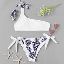 Romwe Random Tropical One Shoulder Bikini With Hair Tie