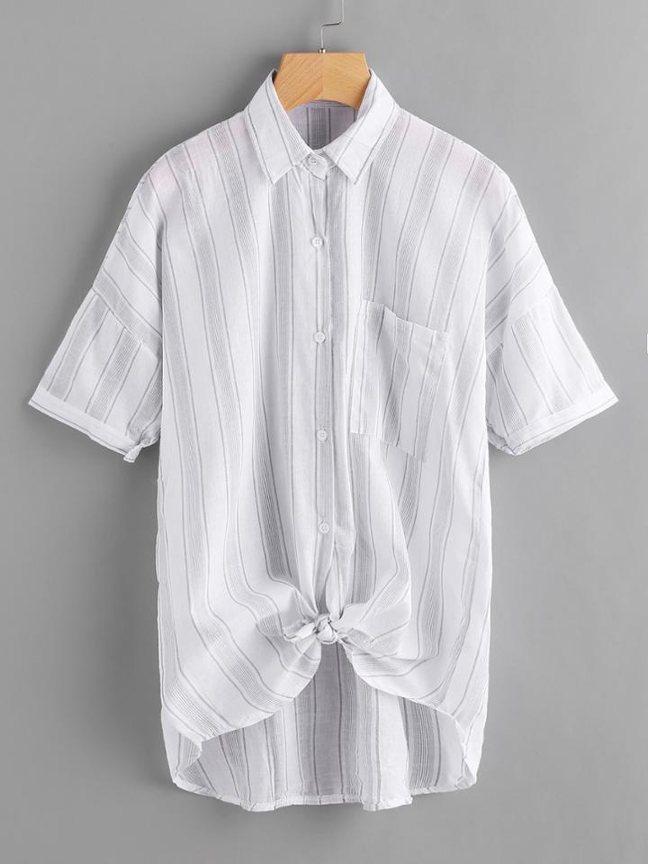 Romwe Striped Knot Front Dip Hem Shirt With Chest Pocket
