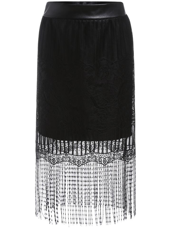 Romwe Elastic Waist Lace Fringe Skirt