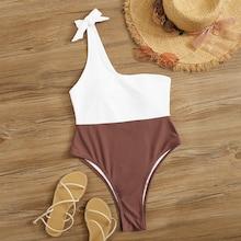 Romwe Two Tone One Shoulder One Piece Swimwear