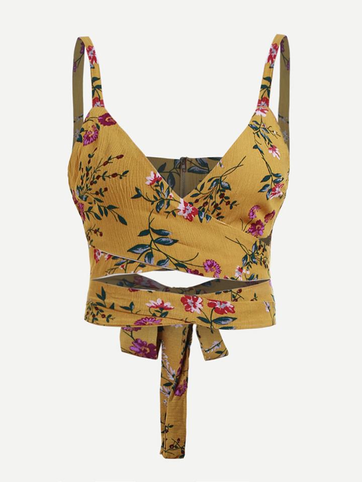 Romwe Florals Cut Out Self Tie Surplice Cami Top