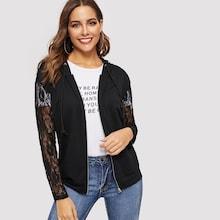 Romwe Lace Sleeve Zip Up Hoodie