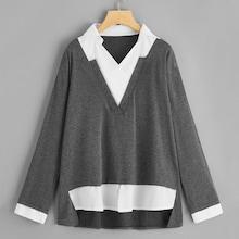 Romwe Plus Contrast Panel V-neck Sweatshirt