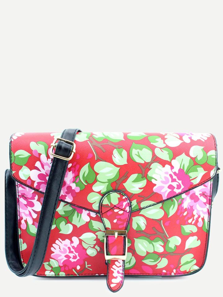 Romwe Red Pu Floral Print Buckle Closure Messenger Bag