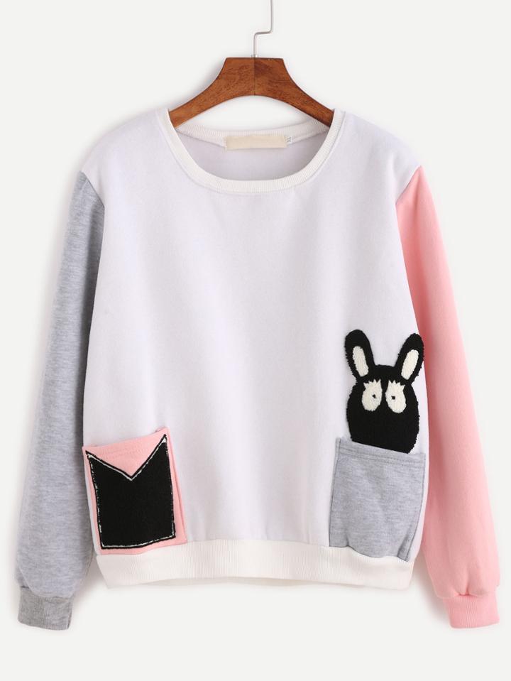 Romwe Contrast Sleeve Patch Pockets Sweatshirt