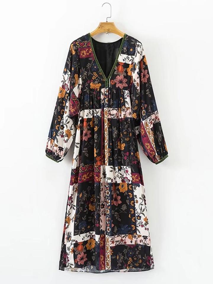 Romwe Floral Print Patchwork Midi Dress