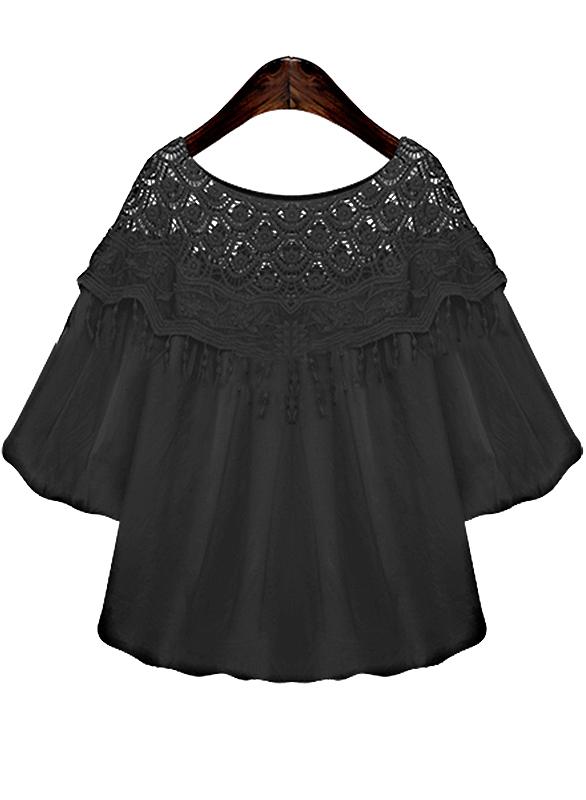 Romwe Lace Embroidered Chiffon Loose Black Blouse