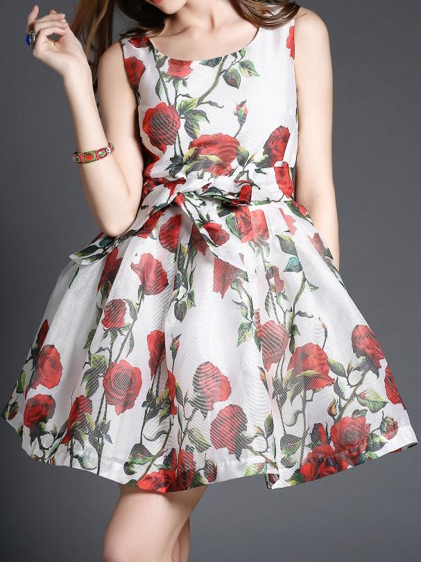 Romwe Sleeveless Florals Organza Flare White Dress