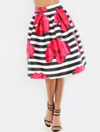 Romwe Floral Print Striped Pleated Flare Skirt