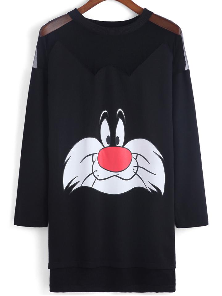 Romwe Cartton Print Mesh Insert Sweatshirt