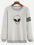 Romwe Heather Grey Alien Print Striped Sleeve Sweatshirt