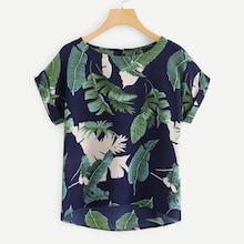 Romwe Plus Tropical Print Dip Hem Blouse
