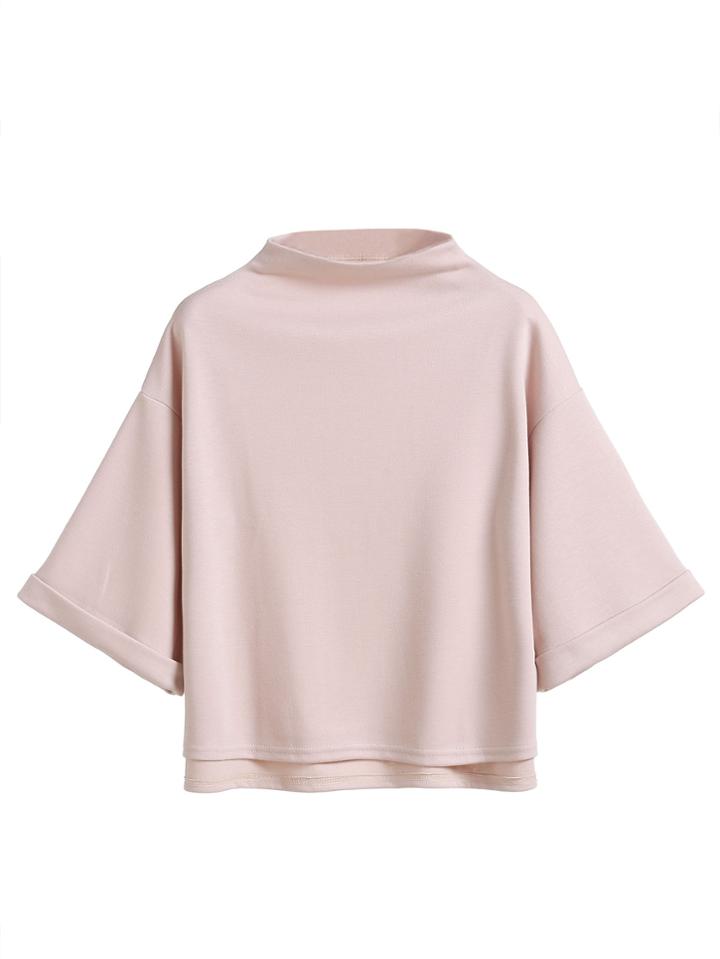 Romwe Pink Mock Neck Drop Shoulder High Low Cuffed T-shirt