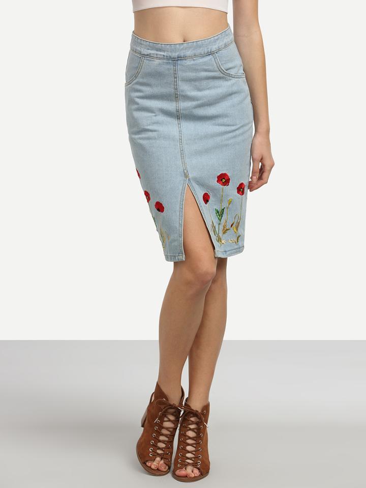 Romwe Blue Split Embroidered Denim Skirt With Zipper